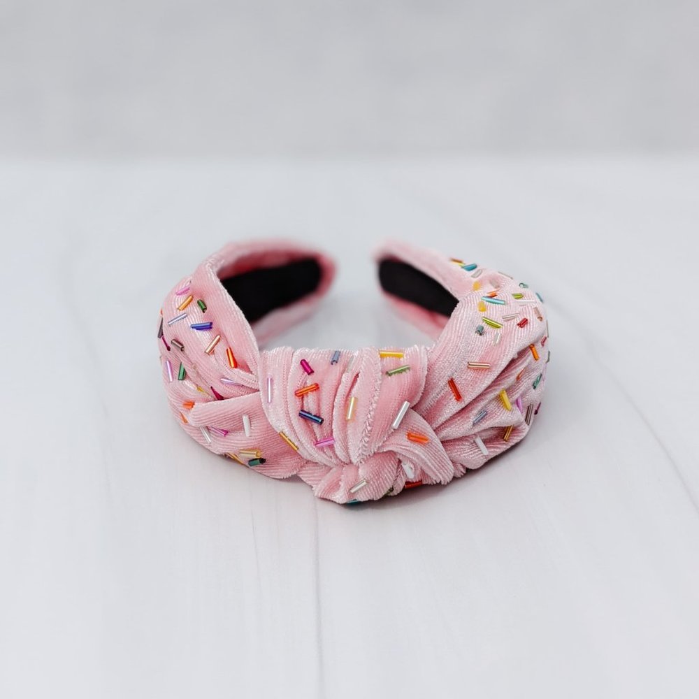 Pink Velvet Knot Headband with Sprinkles Rainbow Confetti Beading - Picture 2 of 11